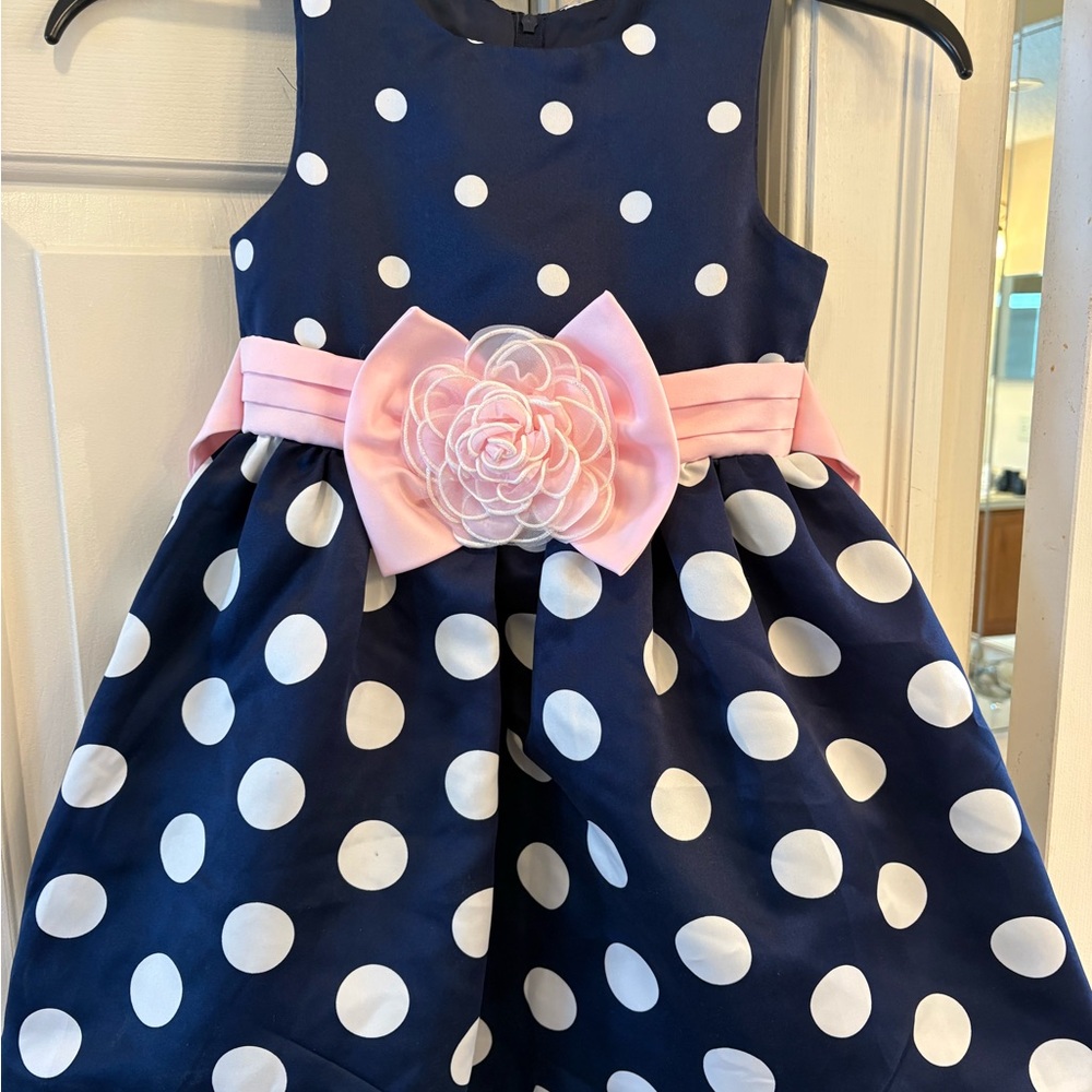 Rare Editions Navy Polka Dot Dress with Pink Floral Accent